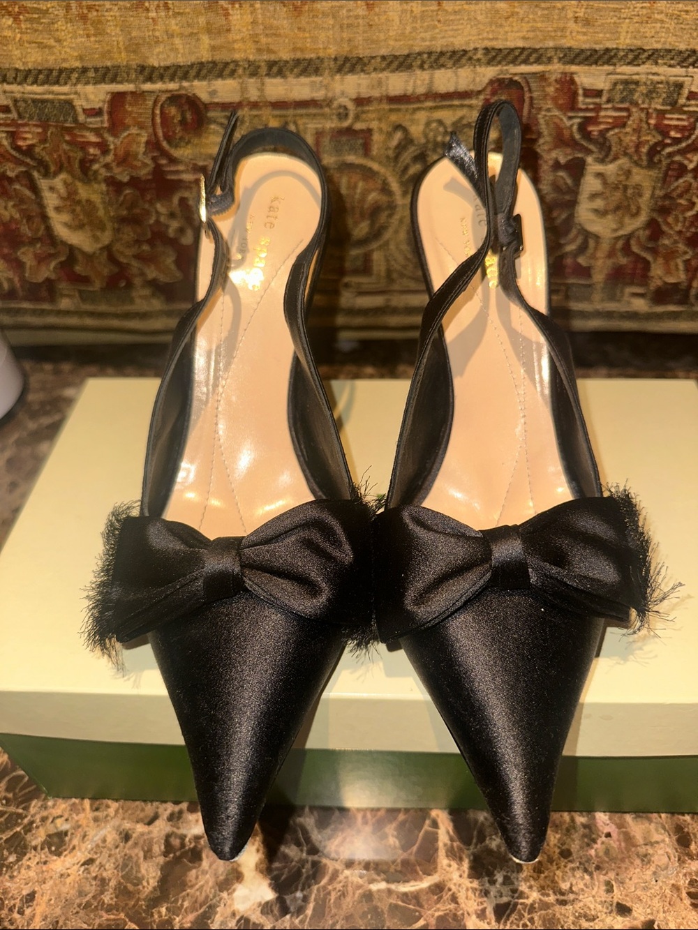 Kate Spade Black Satin Pointed Slingback Heels with Bow Accent